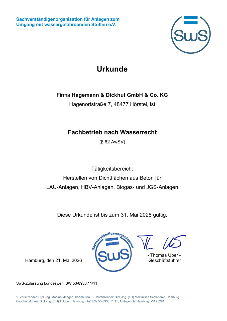 Fachbetriebsurkunde Hagemann - Dickhut